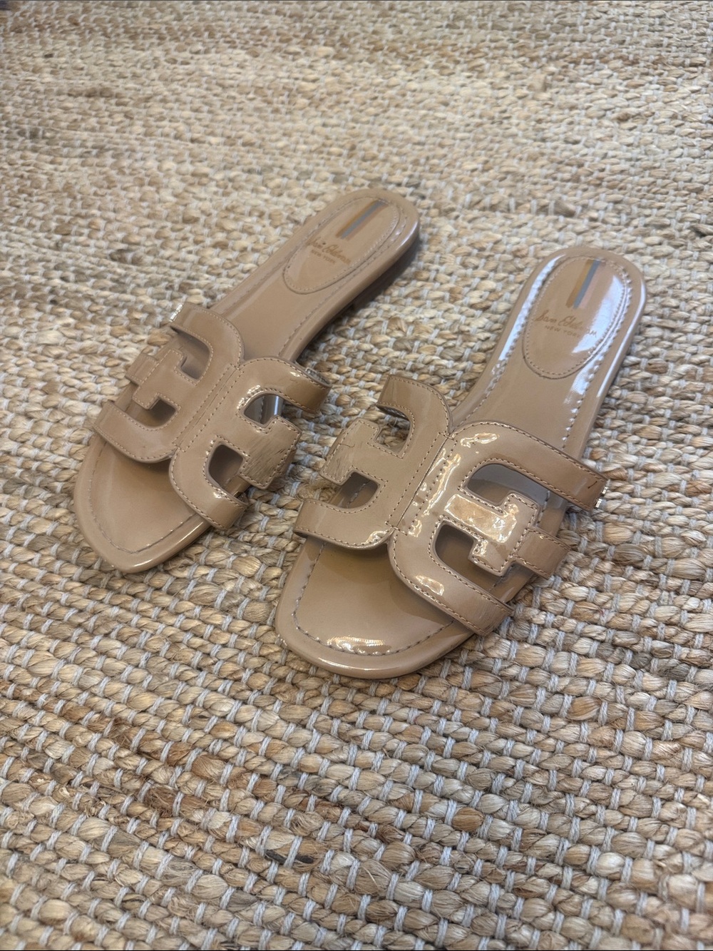 Sam Edelman Patent Leather Slide Sandals in Beige
